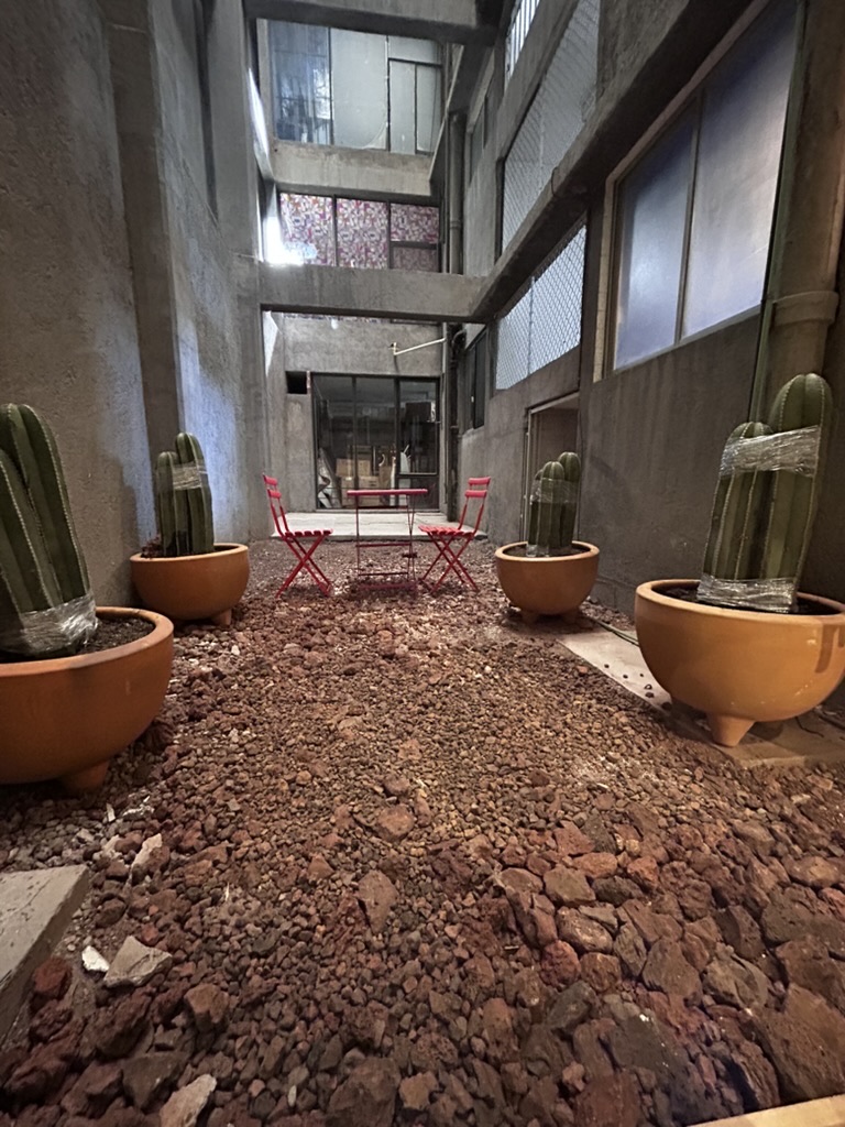 Patio interior con cactus en macetas y mesa para trabajar al aire libre